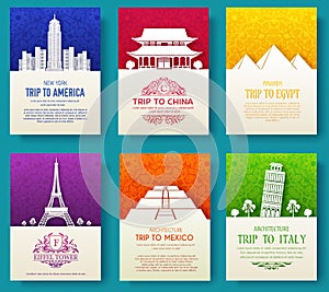 Set of art ornamental travel and architecture on ethnic floral flyers. Vector decorative banner of card or invitation