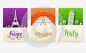 Set of art ornamental travel and architecture on ethnic floral flyers. Vector decorative banner of card or invitation