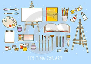 Set of art supplies  - easel, sketchbooks, paints, watercolor, palette, brushes, drawing pencils - cartoon objects for happy art