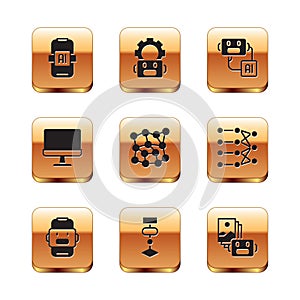 Set Artificial intelligence AI, Chat bot, Algorithm, Neural network, Computer monitor, robot, and Robot setting icon