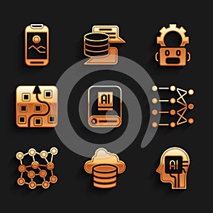 Set Artificial intelligence AI, Cloud database, Humanoid robot, Neural network, Robot setting and Mobile phone icon