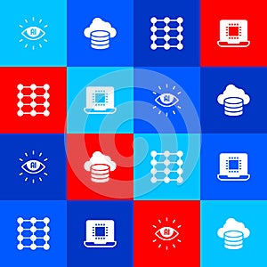Set Artificial intelligence AI, Cloud database, Neural network and Processor CPU icon. Vector