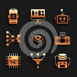 Set Artificial intelligence AI, Funnel or filter, robot, Processor CPU, Neural network, and icon. Vector