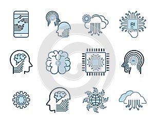 Set of Artificial Intelligence-AI icons, symbols vector design, vector Line Icons, Face Recognition, Android, Humanoid Robot,