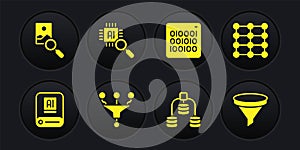 Set Artificial intelligence AI, Neural network, Funnel filter, Server, Data, Binary code, Processor CPU, and Photo