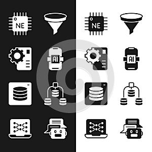 Set Artificial intelligence AI, Neural network, Processor CPU, Funnel filter, Server, Data, Chat bot and icon. Vector