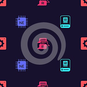 Set Artificial intelligence AI, Processor CPU, Chat bot and Computer api interface on seamless pattern. Vector