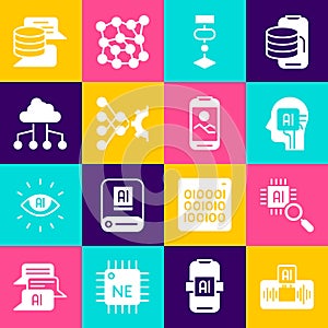 Set Artificial intelligence AI, Processor CPU, Humanoid robot, Algorithm, Neural network, Network cloud connection
