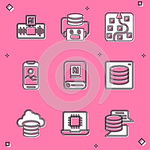 Set Artificial intelligence AI, robot, Neural network, Mobile phone, Server, Data, Cloud database and Processor CPU icon