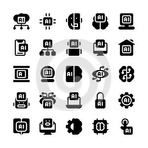 Set of Artificial Intelligence AI Robotic Algorithm solid style icon - vector