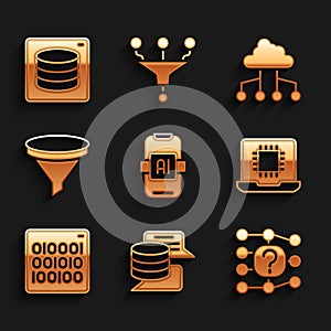 Set Artificial intelligence AI, Server, Data, Neural network, Processor CPU, Binary code, Funnel filter, Network cloud