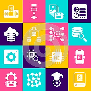 Set Artificial intelligence AI, Server, robot, Data, Cloud database, and Neural network icon. Vector