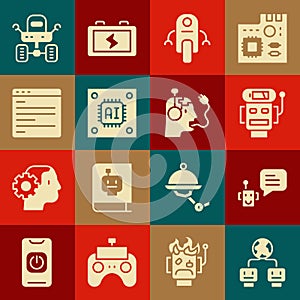 Set Artificial intelligence, Bot, Robot low battery charge, Processor with microcircuits CPU, Computer api interface