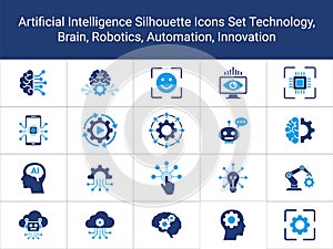 Set of Artificial Intelligence Icons. AI, Robotics, Automation, Smart Technology Solid Icon Vector