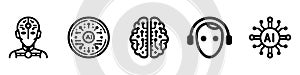 set of artificial intelligence icons in linear style, robot training, ai chip, brain with neural networks