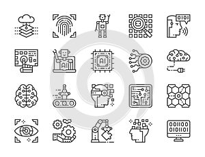 Set of Artificial Intelligence Line Icons. Chatbot, Big Data, Database and more.