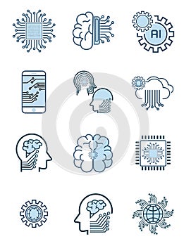 Set of Artificial Intelligence Related Vector Line Icons. Contains such Icons as Face Recognition, Algorithm, Self-learning style