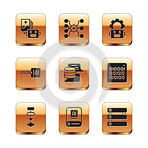 Set Artificial intelligence robot, Algorithm, AI, Server, Data, Binary code, Robot setting, and Neural network icon