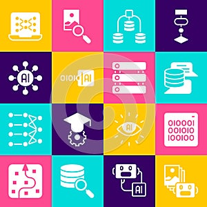 Set Artificial intelligence robot, Binary code, Server, Data, Neural network, and icon. Vector