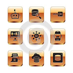 Set Artificial intelligence robot, Chat, Cloud database, Neural network, Algorithm, Binary code, Server, Data and icon