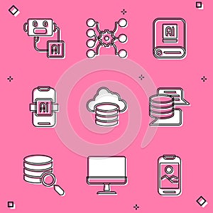 Set Artificial intelligence robot, Neural network, AI, Cloud database, Server, Data, and Computer monitor icon. Vector