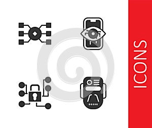 Set Artificial intelligence robot, Neural network, Cyber security and Computer vision icon. Vector