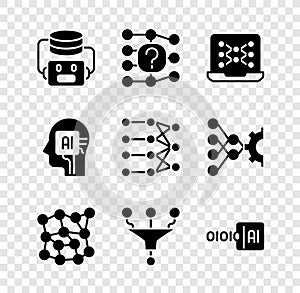 Set Artificial intelligence robot, Neural network, Funnel filter, Binary code, Humanoid and icon. Vector