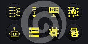 Set Artificial intelligence robot, Neural network, Server, Data, Processor CPU, Algorithm, Chat and icon. Vector