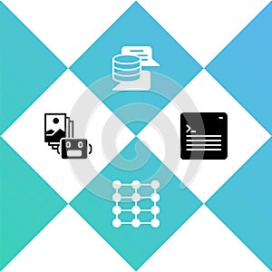 Set Artificial intelligence robot, Neural network, Server, Data and Web developer programming code icon. Vector