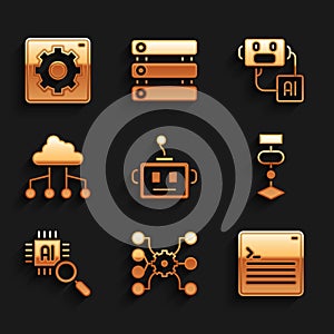 Set Artificial intelligence robot, Neural network, Web developer programming code, Algorithm, Processor CPU, Network