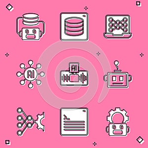 Set Artificial intelligence robot, Server, Data, Neural network, AI, and Web developer programming code icon. Vector
