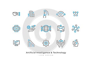 Set of Artificial Intelligence and Technology Icons with Simple Line Style