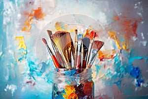 A set of artist's brushes on the background of an artistic canvas with multicolored paint strokes