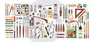 Set of artist's painting supplies, tool kits and accessories. Crayons, erasers, brushes, colour pencils, acrylic, oil