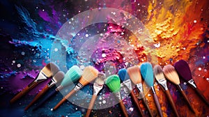 Set of artistic brushes on a colored painted background