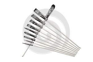 A set of artistic brushes with natural bristles and a wooden handle, isolate on a white background