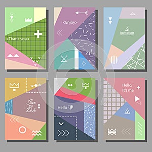 Set of artistic colorful cards. Memphis trendy style. Covers with flat geometric pattern.