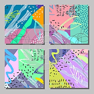 Set of artistic colorful universal cards. Brush textures.