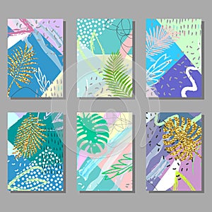 Set of artistic colorful universal cards. Tropical leaves