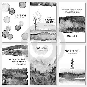 Set of artistic creative Save the nature cards with hand drawn textures, Monochrome