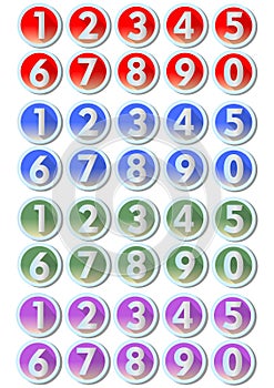 Set of artistic number buttons with frames in metallic silver design in four color variants - red, blue, green, purple, gradient e