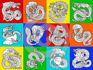 Set Asian dragon contour on multicolor