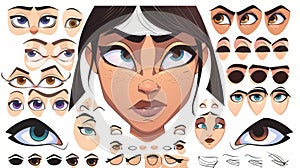 Set of Asian girl faces isolated on white background. Modern cartoon illustration of hairstyles, eyes, lips, brows, and