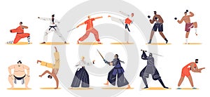 Set of asian martial art fighters. Karate, akido, taekwondo, kung fu, sambo, sumo, box, kickboxing
