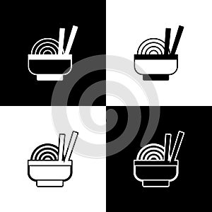 Set Asian noodles in bowl and chopsticks icon isolated on black and white background. Street fast food. Korean, Japanese