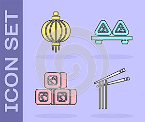 Set Asian noodles and chopsticks, Japanese paper lantern, Sushi and Sushi on cutting board icon. Vector