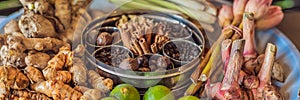 Set of Asian spices: ginger, cinnamon, lime, clove, pepper, nutmeg BANNER long format