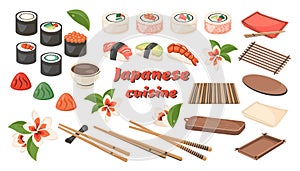 Set of Asian Traditional food isolated. Japanese rolls, sushi maki with fish, shrimp, seafood. National dish closeup with