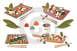 Set of Asian Traditional food. Japanese nigiri sushi maki with fish, shrimp, seafood. National dish closeup with chopsticks,