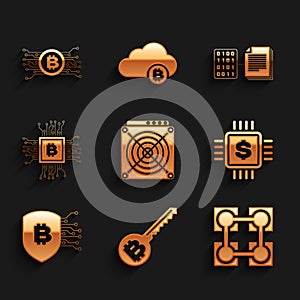 Set ASIC Miner, Cryptocurrency key, Blockchain technology, Processor chip with dollar, Shield bitcoin and CPU mining